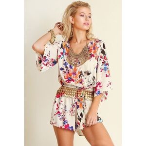 Romper, Floral, V-Neck, Tassel Tie Waist, UMGEE